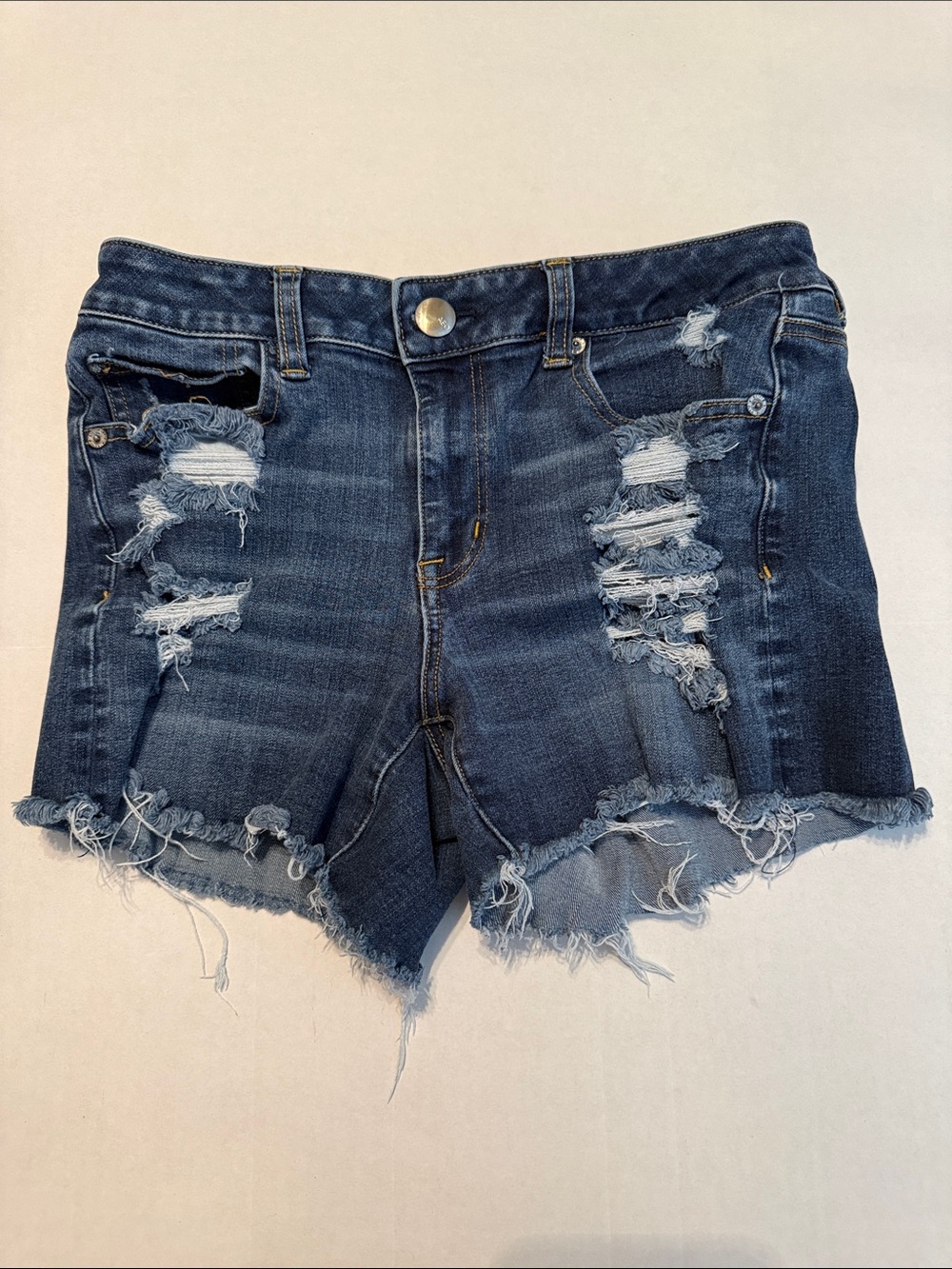 American Eagle Women's Hi-Rise Shortie Dark Wash Distressed Raw Hem Size 8